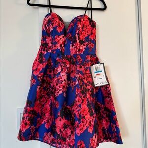 Floral Strapless Dress - Blue and Pink